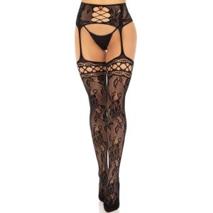 LEG AVENUE – MEDIAS DE LIGUERO ENCAJE FLORAL NEGRO