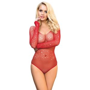 SUBBLIME – 952303 BODY DE REJILLA BRILLANTE CON HOMBROS DESCUBIERTOS MANGA LARGA ROJO TALLA ÚNICA