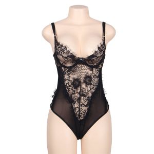 SUBBLIME – TEDDY ENCAJE FLORAL Y CON FLECOS NEGRO TALLA GRANDE