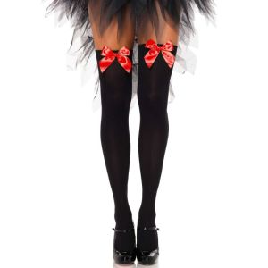 LEG AVENUE – MEDIAS ALTAS NEGRAS CON LACITO ROJO TALLA UNICA